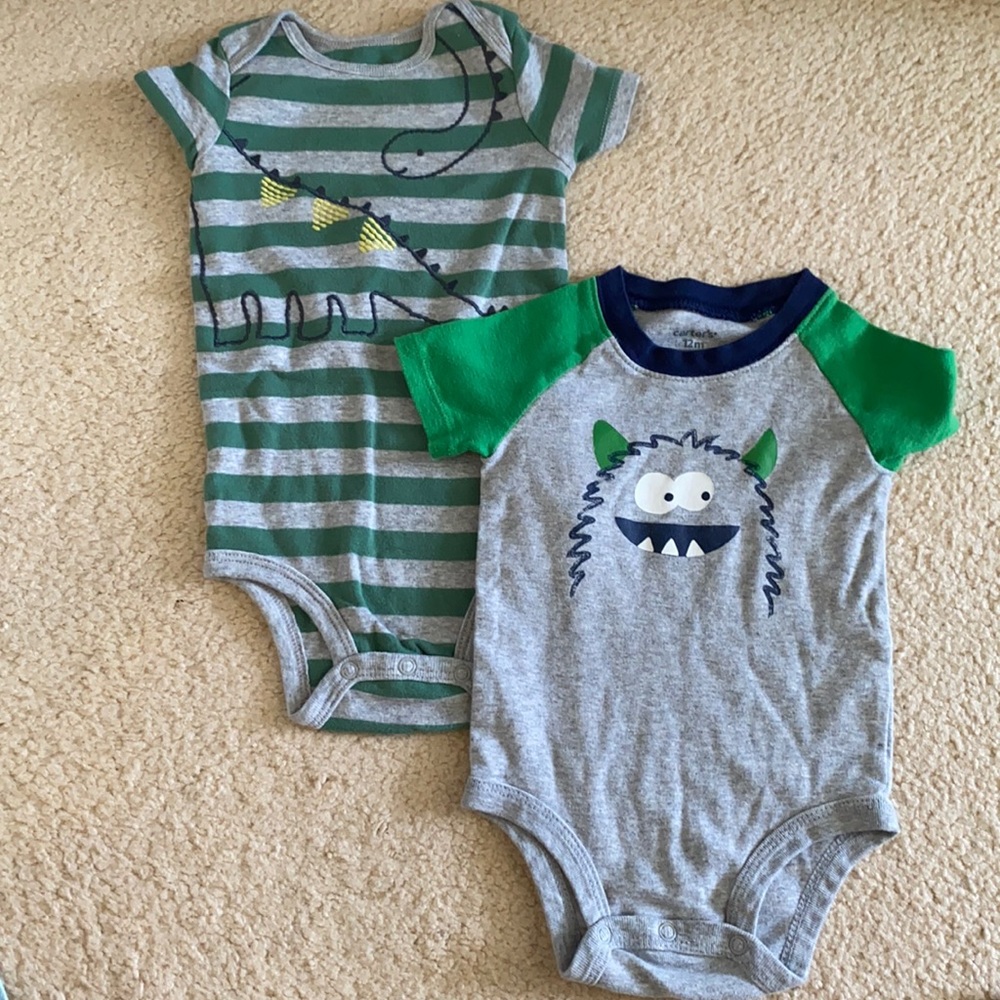 2 12 month onesies for baby boy. 1 Dino design and 1 monster design.